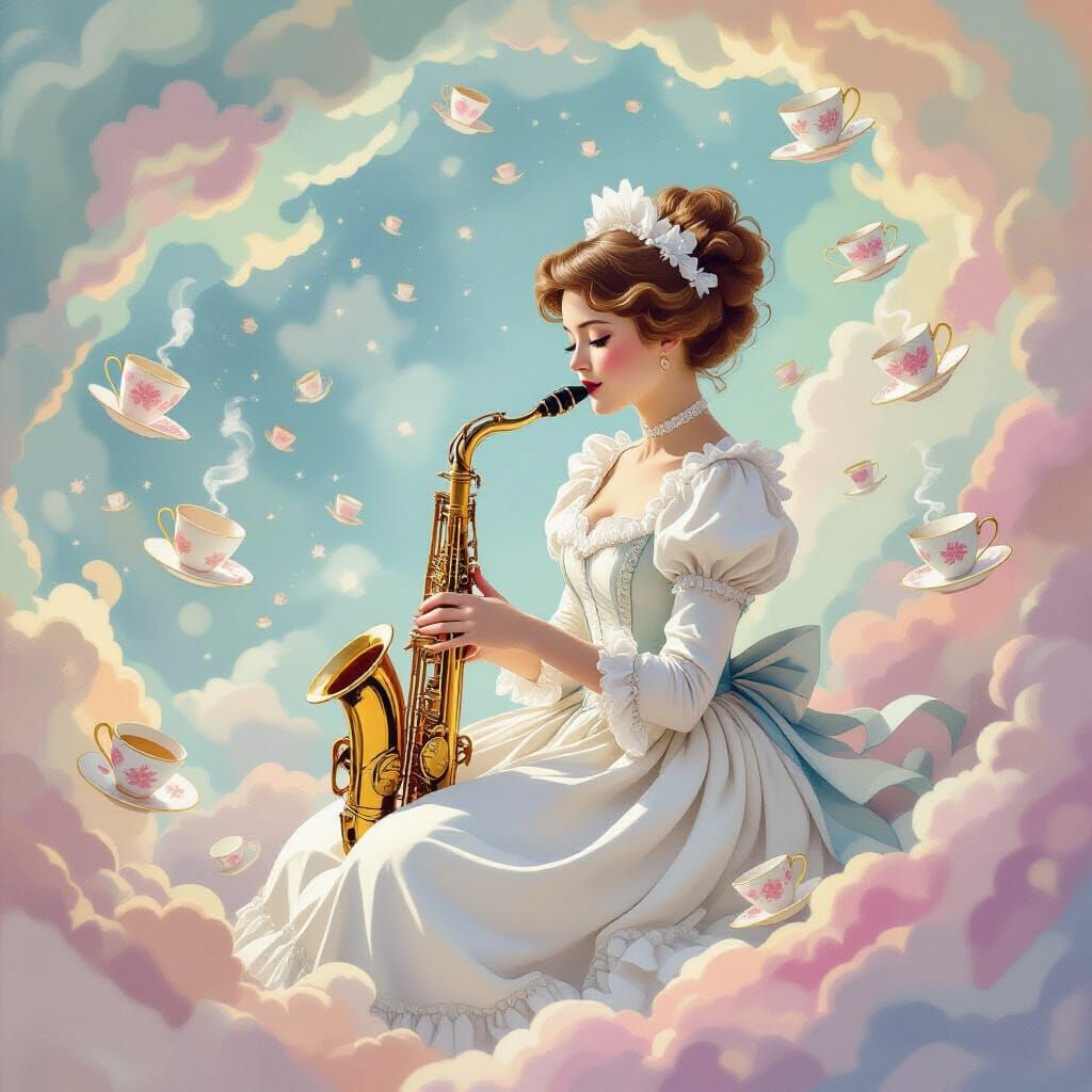 Victorian Maid Plays Saxophone in Pastel Nebula