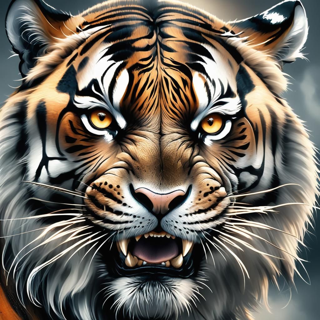 Majestic Tiger Roaring in Hyper-Realistic Fantasy Art