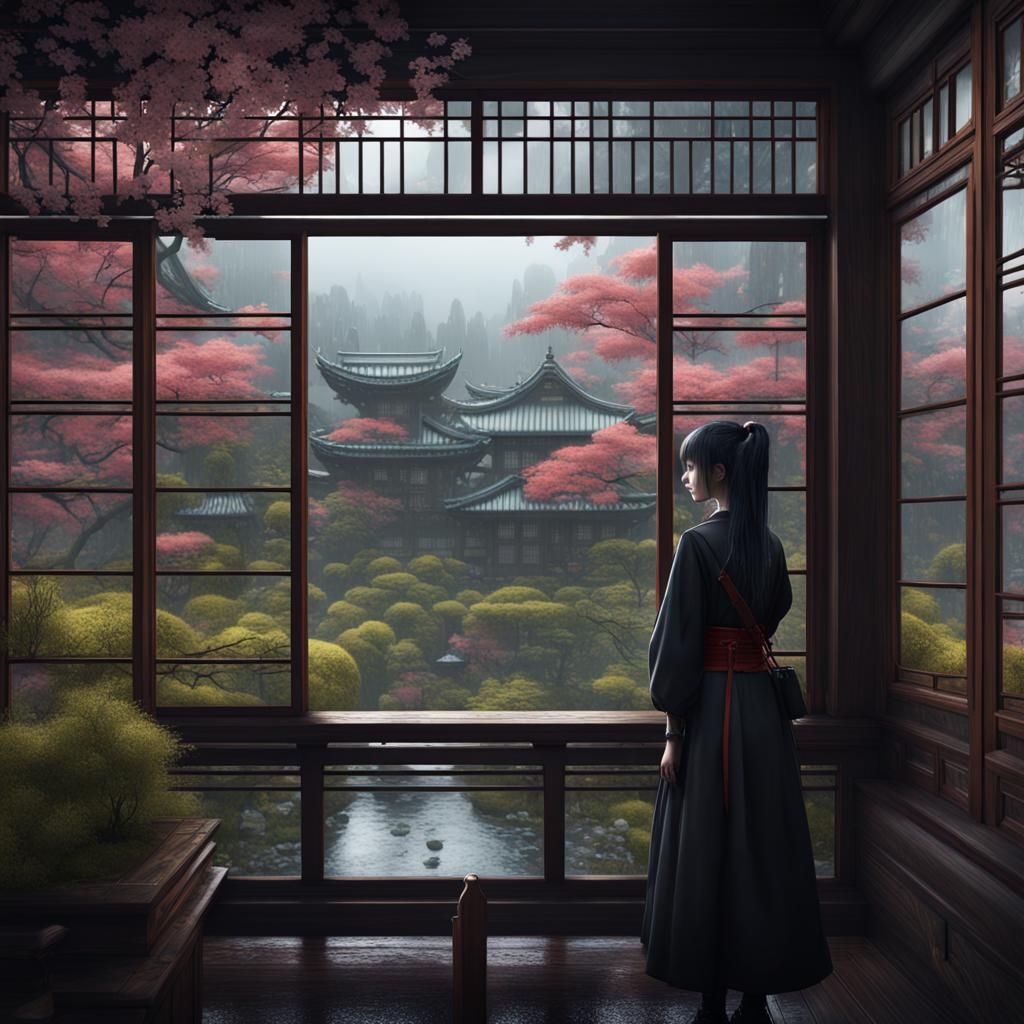 Gothic Japanese Girl in Spring Rain, Detailed Matte Painting