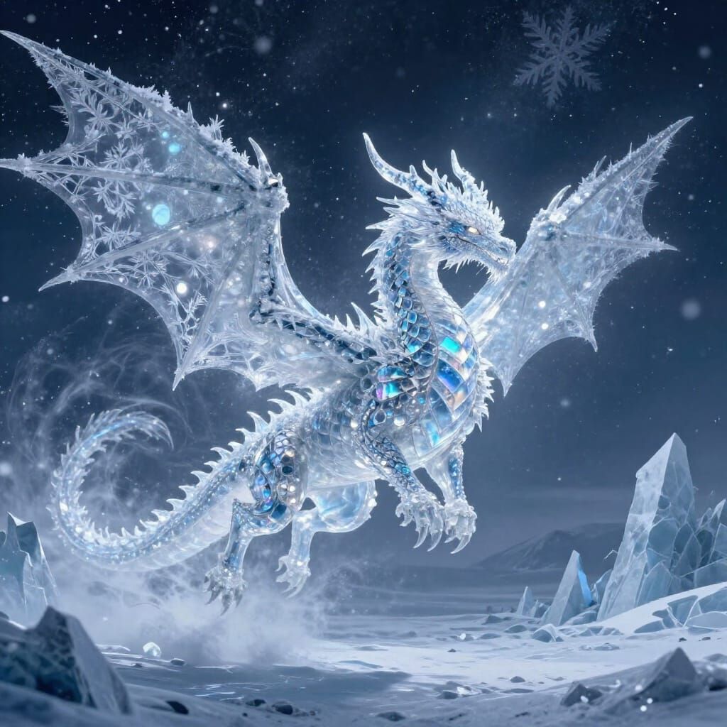 Majestic Crystalline Dragon Soaring Through Blizzard