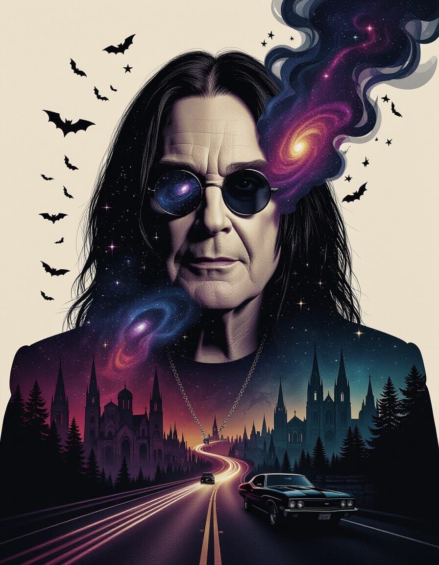 Ozzy Osbourne Cosmic Silhouette in Watercolor Dreamscape