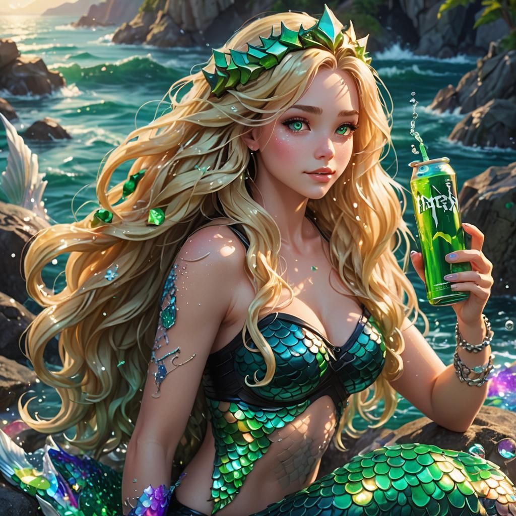 Blonde Mermaid Drinking Monster Energy: 3D Anime Art