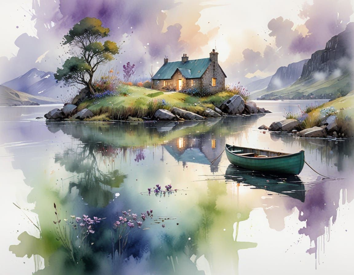 Misty Highland Loch Watercolor Landscape