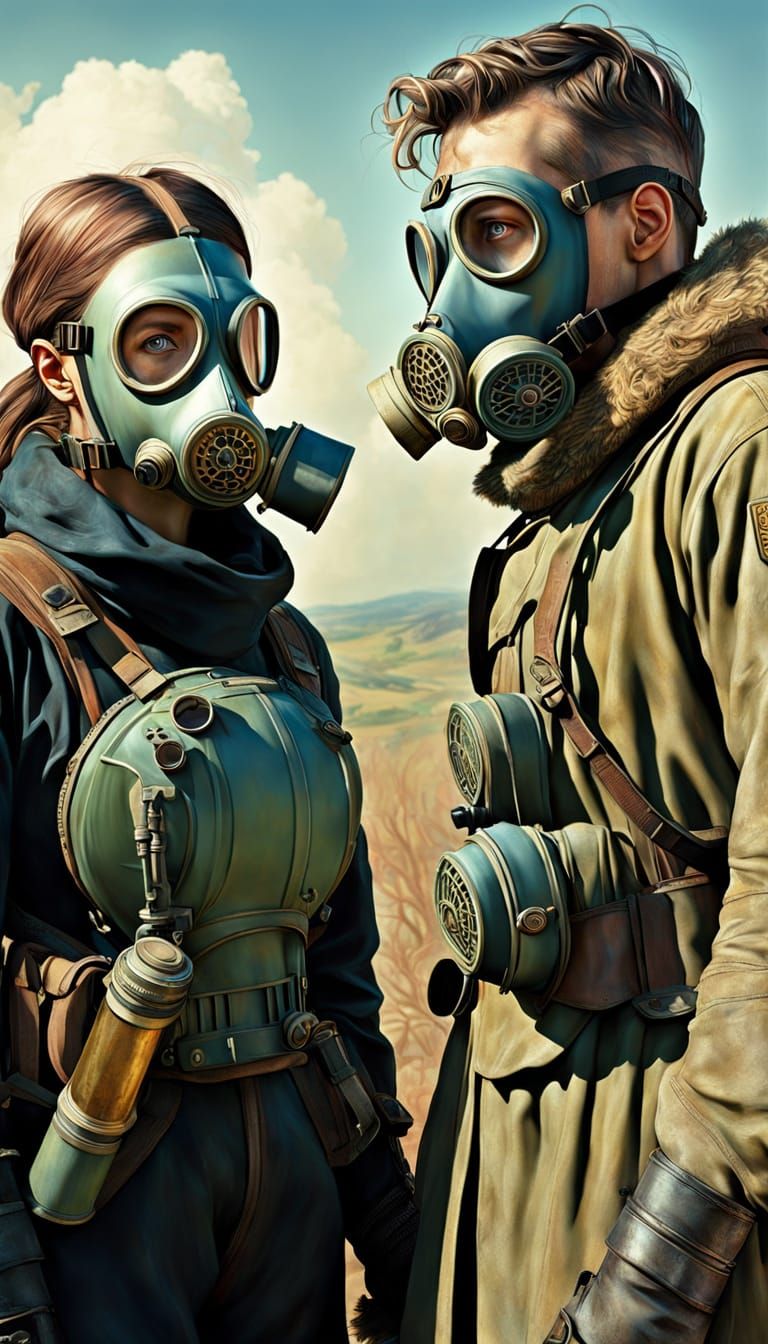 Post-Apocalyptic Couple in Pastel, Detailed Surrealism