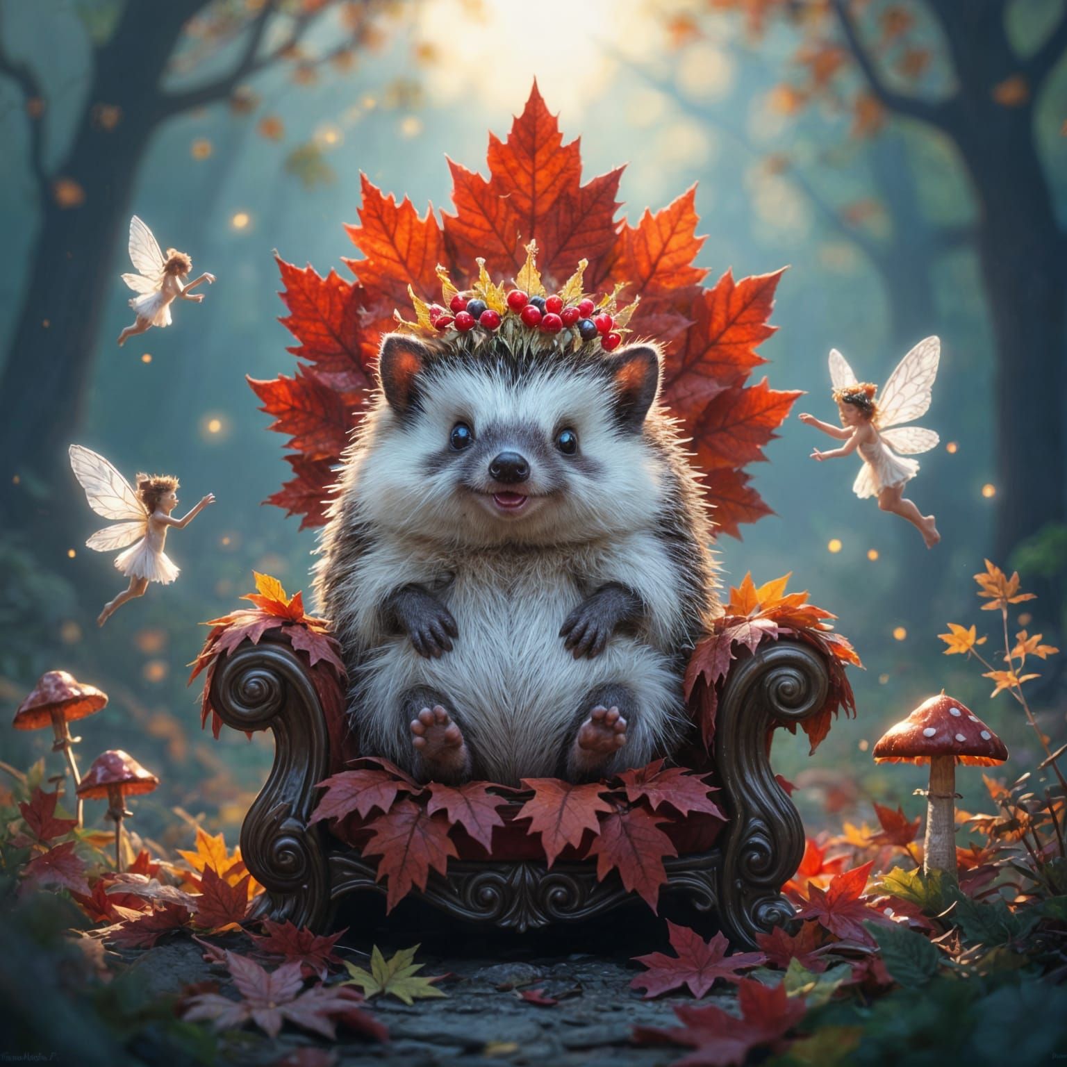 Hedgehog King on Fiery Throne with Glowing Fairies