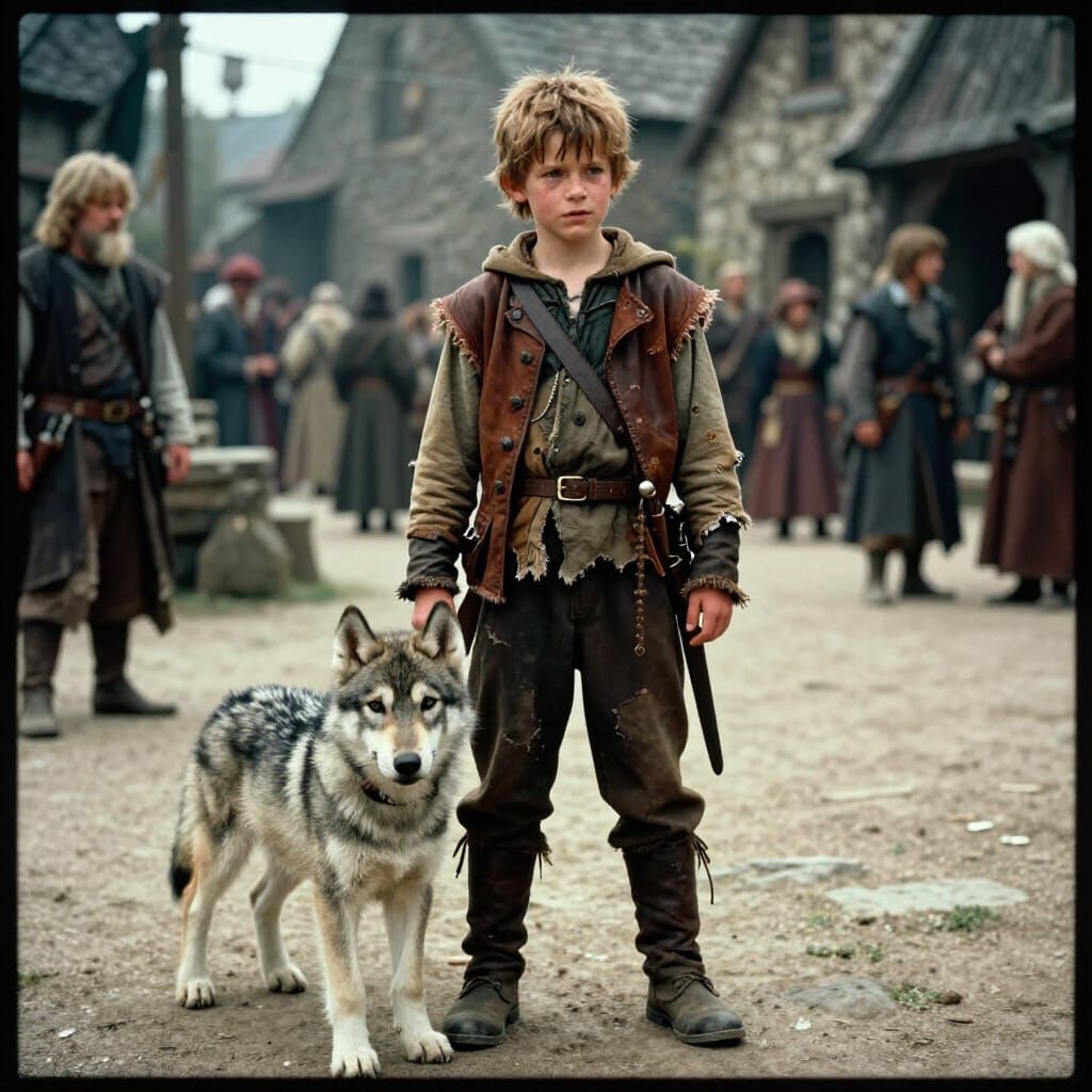 Orphan Rogue Boy With Wolf Pup in Medieval Village Square