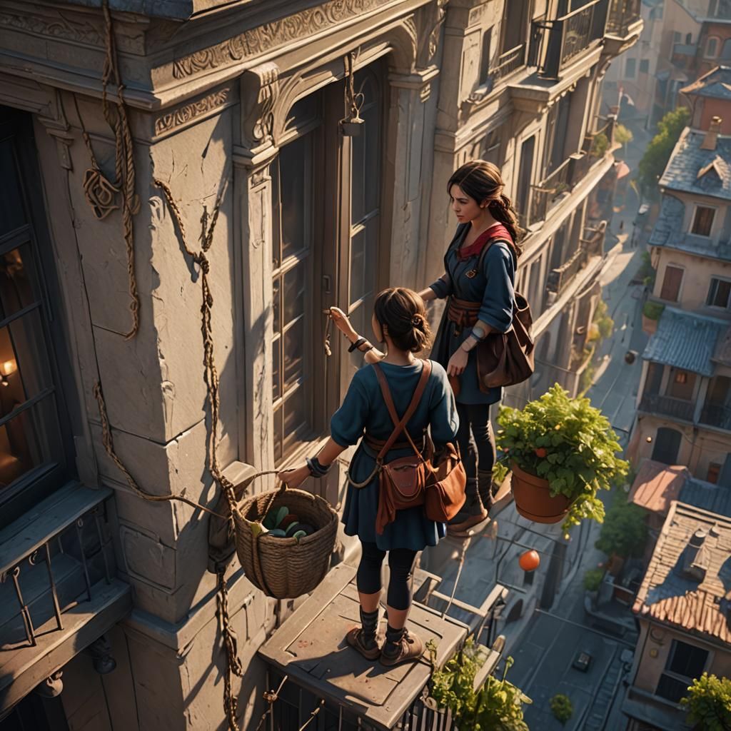 Girl on Balcony Lowers Bag: Photorealistic Detail