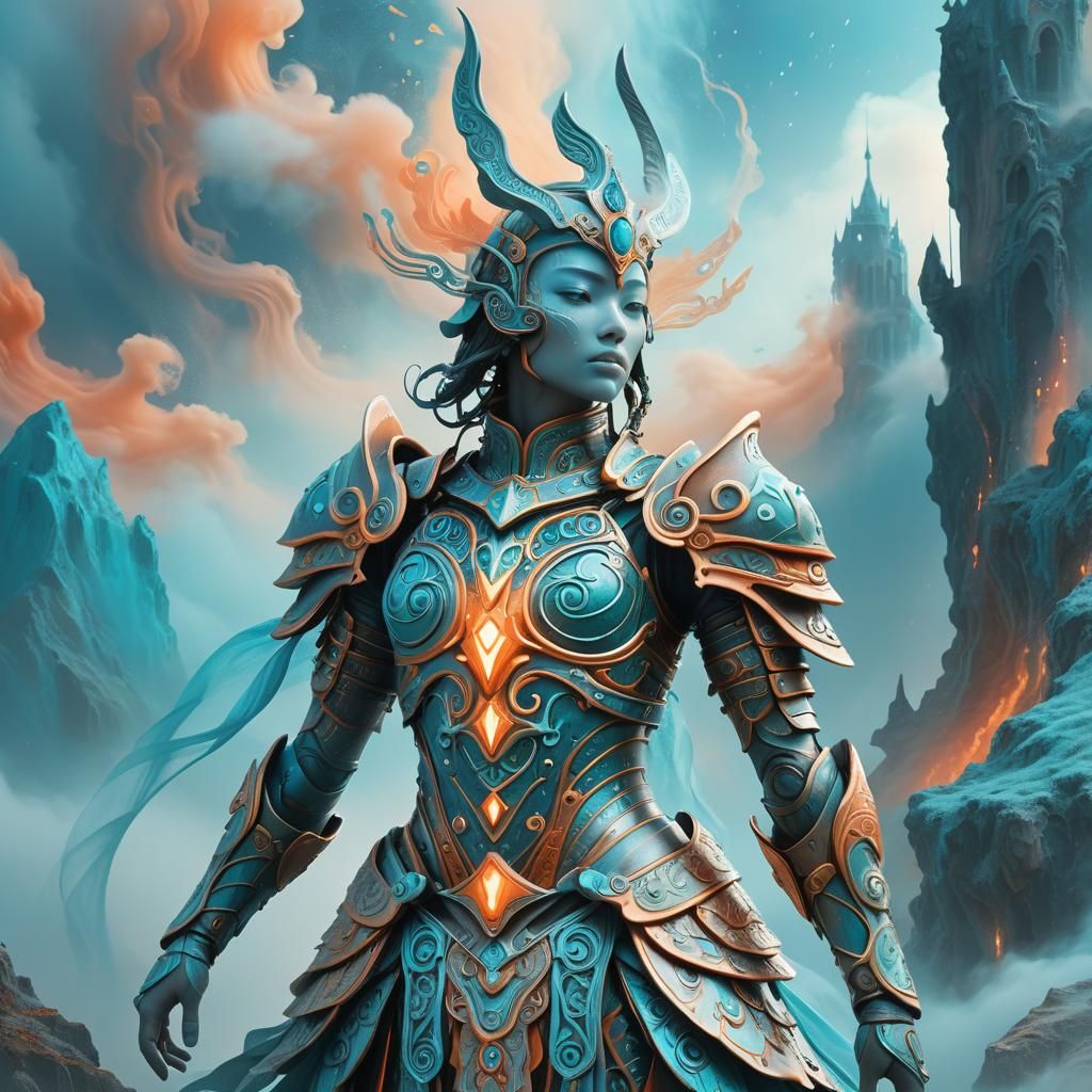 Mystical Figure in Symbolic Armor, Surreal Illustration