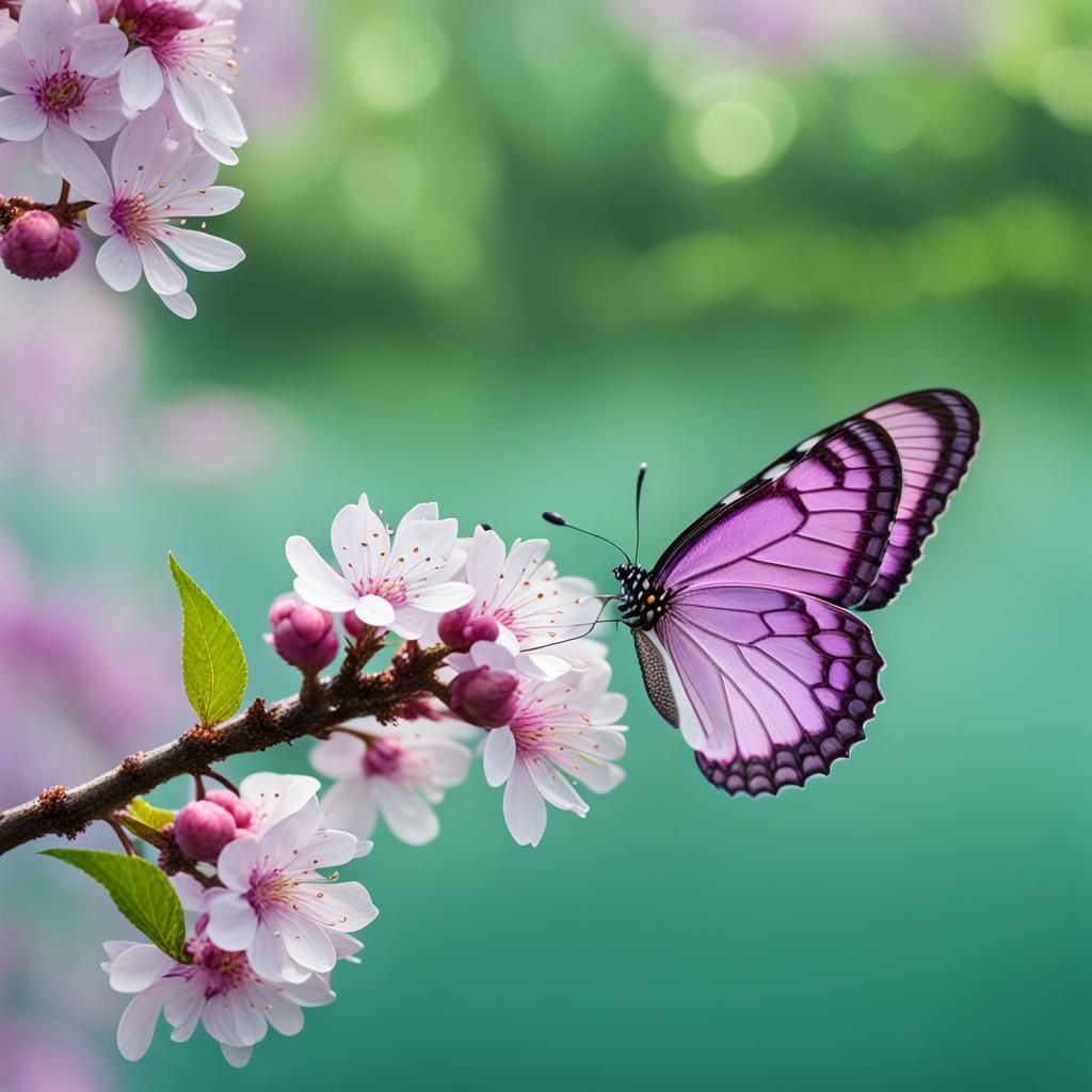 Lilac Butterfly on Cherry Blossom Branch