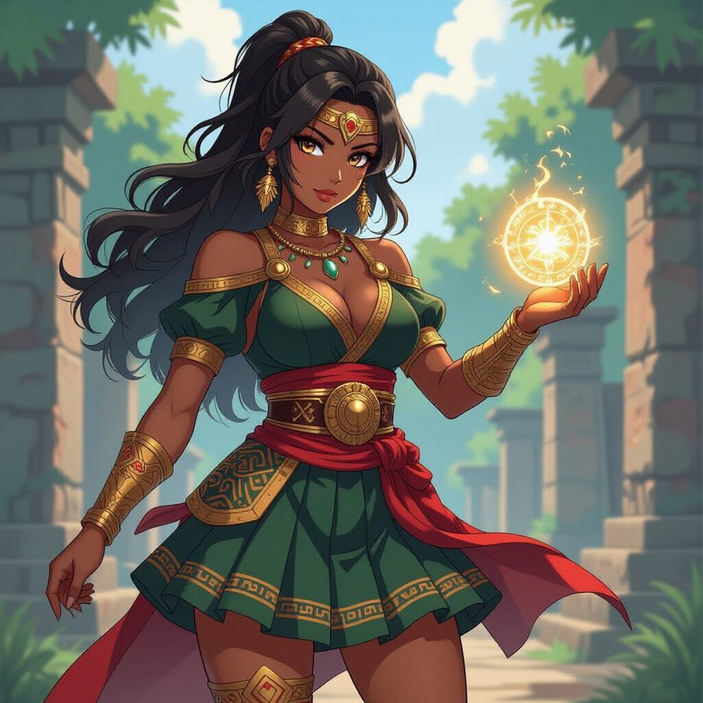 Anime Warrior with Aztec-Mayan Dress in Fantasy Style