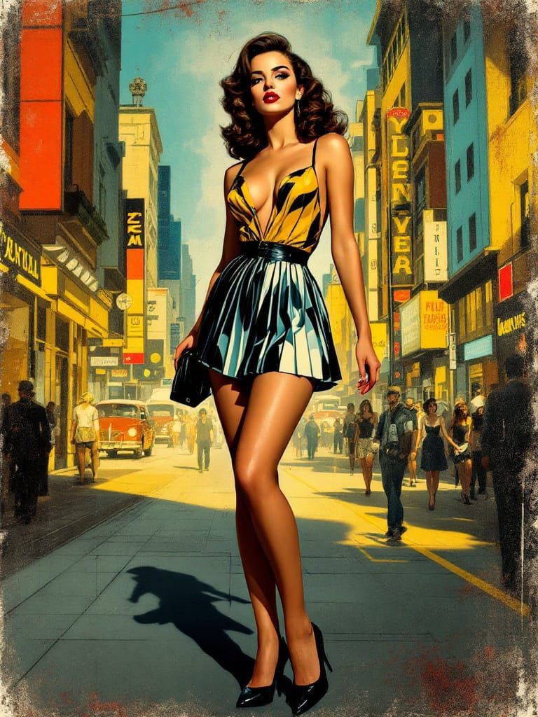 Art Deco Street Scene with Vintage Pin-Up Woman