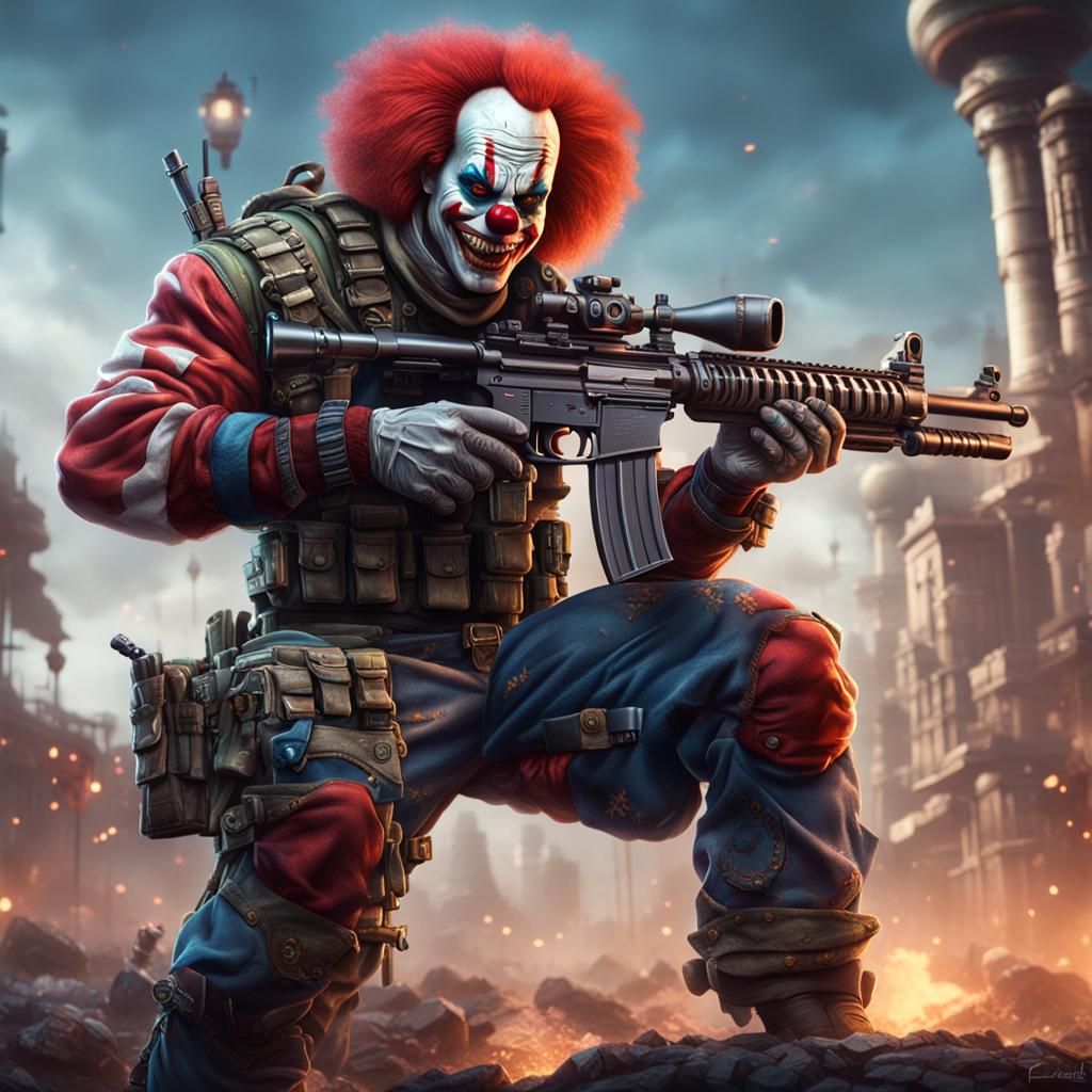 Muscle Clown Mercenary with Machine Gun: Detailed Matte Pain...