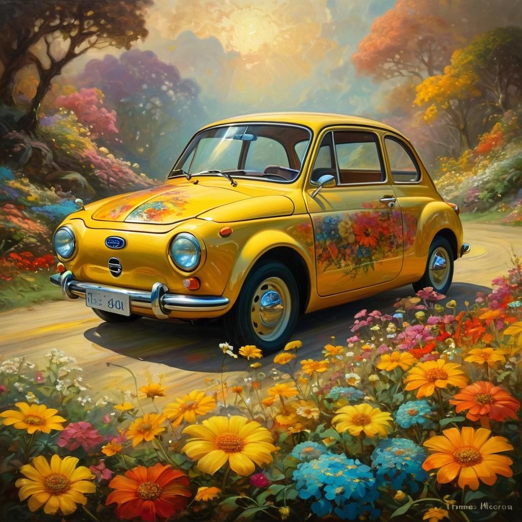 Vintage Subaru 360 Surrounded by Flowers as Art Nouveau Oil ...