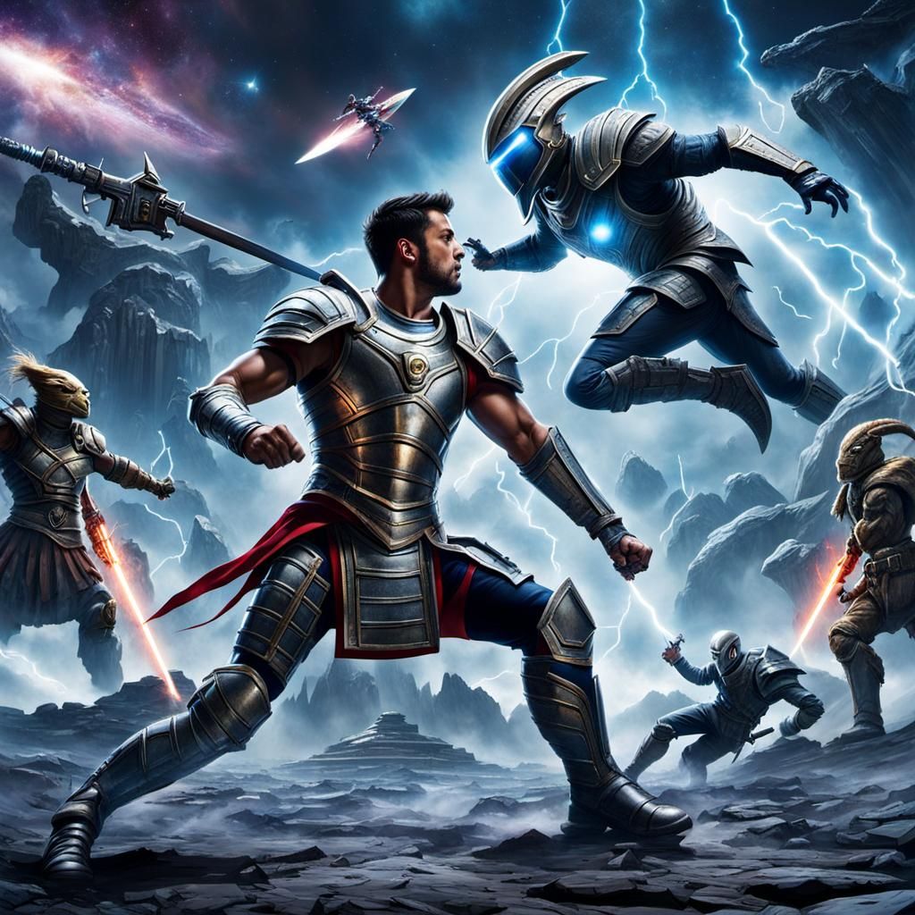 A futuristic gladiator in protective armour fights an alien in front of the gods for dominance of the universe, thunderb...