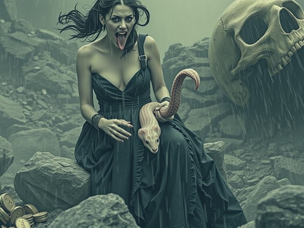 Sinister Woman With Pink Eel in Gloomy Rain