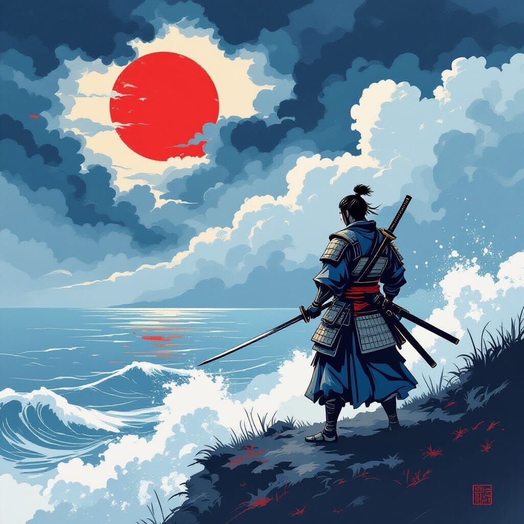 Samurai on Windswept Cliff Overlooking Stormy Sea