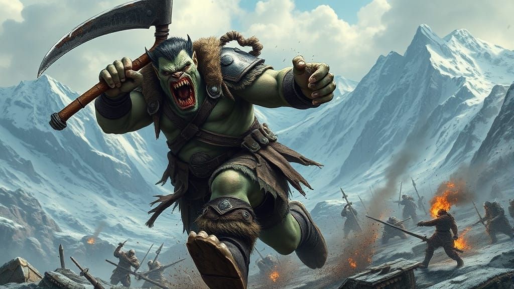 Fierce Mountain Orc Charges into Battle in Mid-Shot