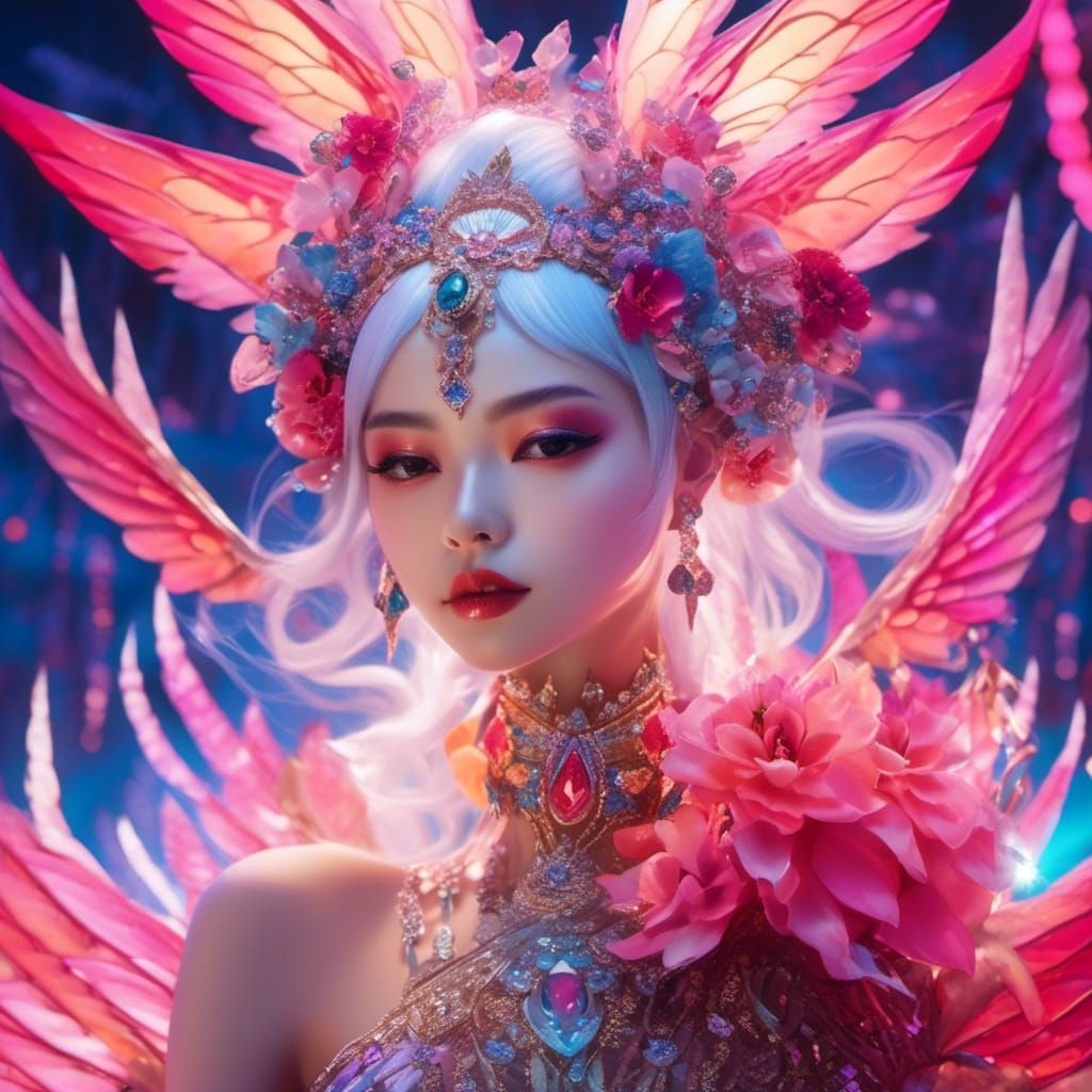 Hispanic Fairy with Bioluminescent Wings in Space