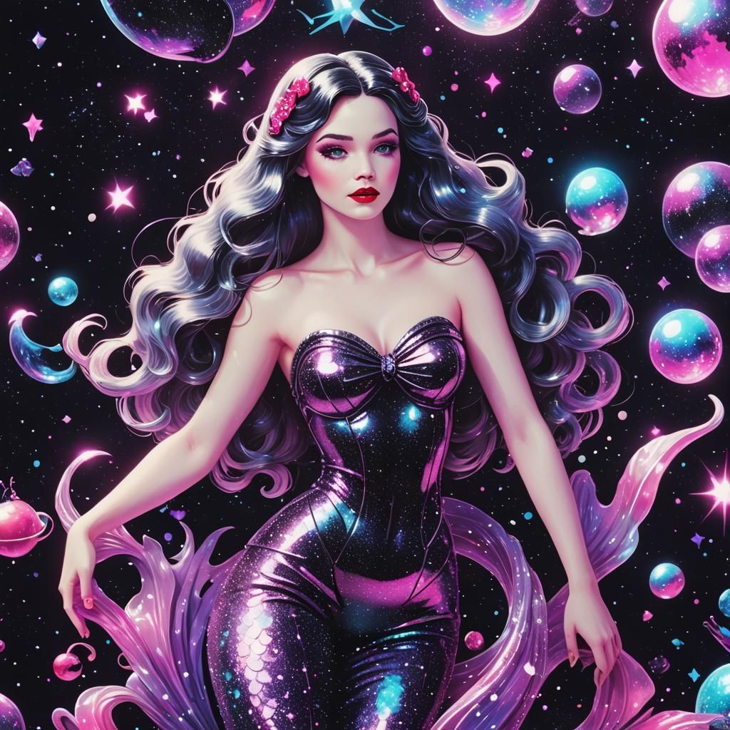 Snow White Space Mermaid in Synthwave Neon Style