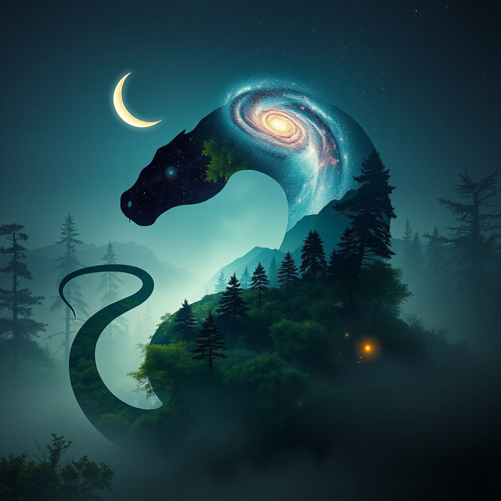 Serene Serpent Amidst Forest and Cosmos