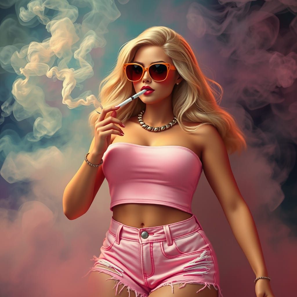 Barbie-Inspired Woman Smokes Joint in Pastel Hues and Swirli...