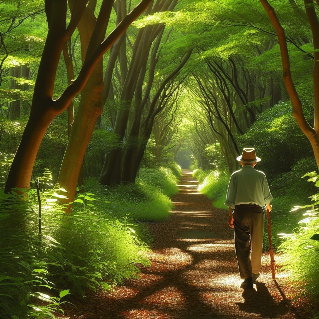 Gentle Asian Gentleman Strolls through Verdant Woodland