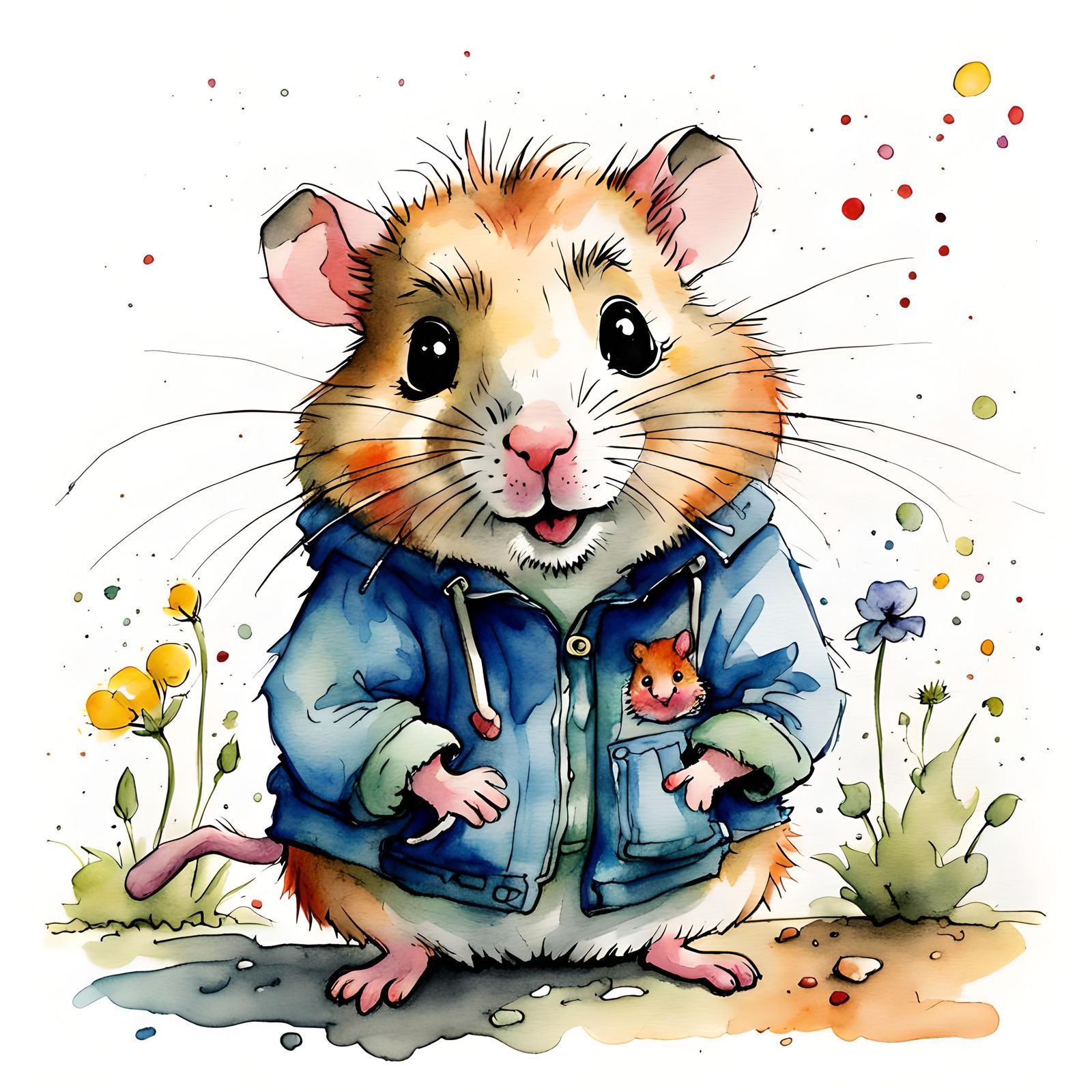 Whimsical Hamster Portrait in Watercolor Style