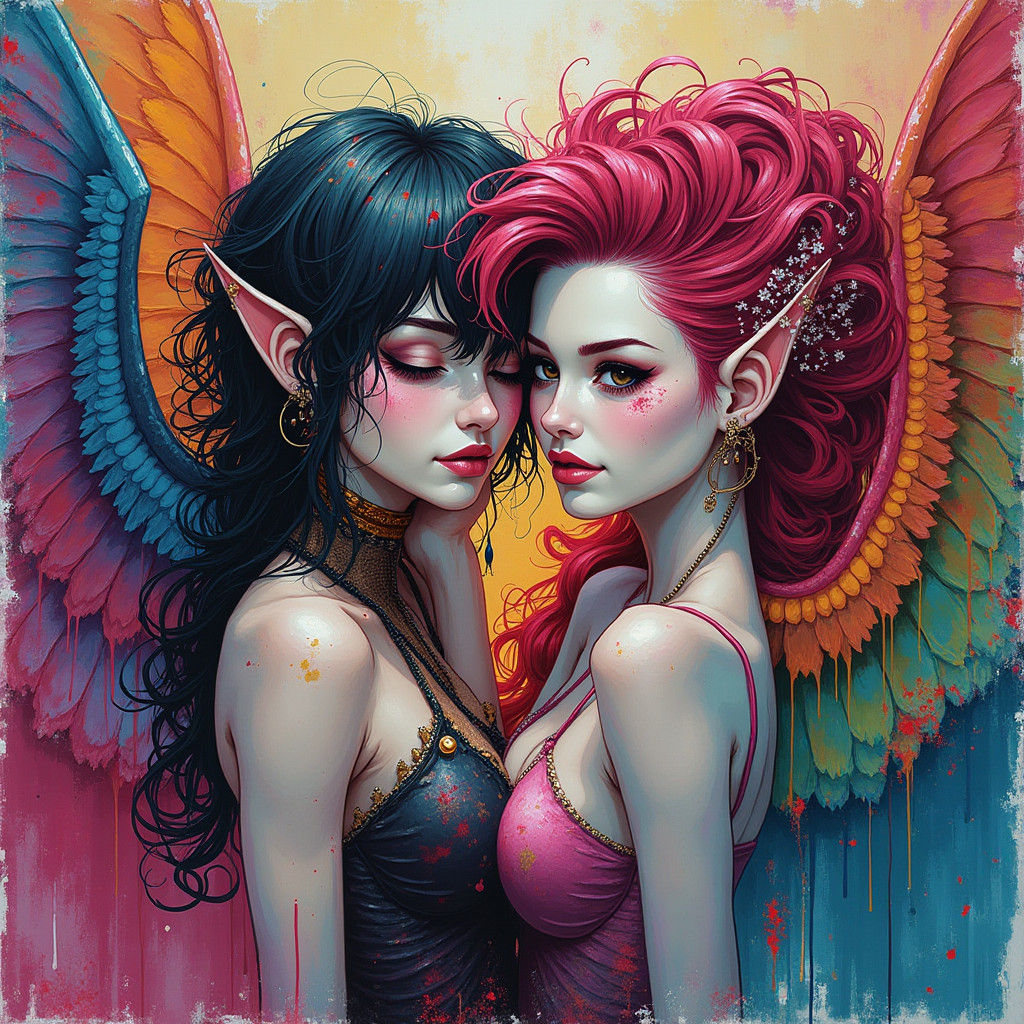 Lesbian Nephilim Embrace in Graffiti Art Style