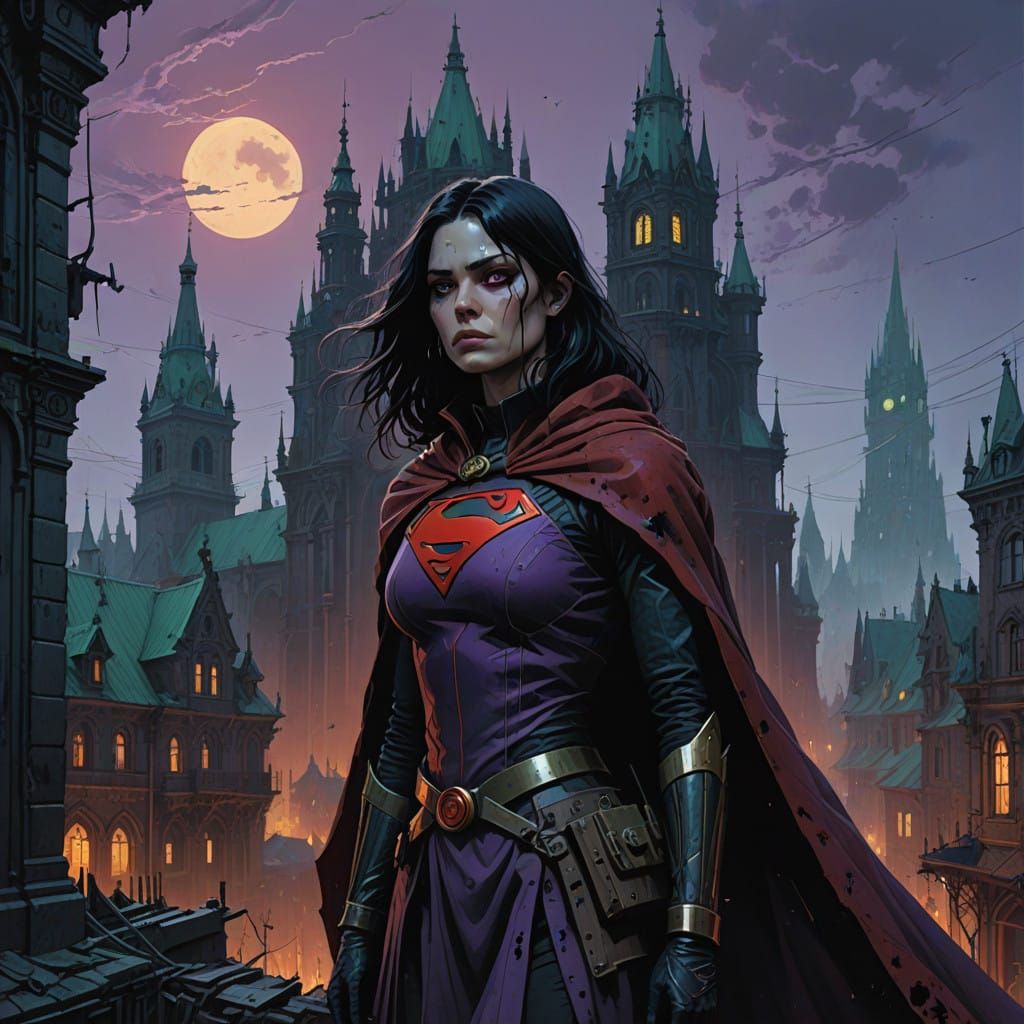Dark Gothic Superheroine Amidst Victorian-Inspired Cityscape