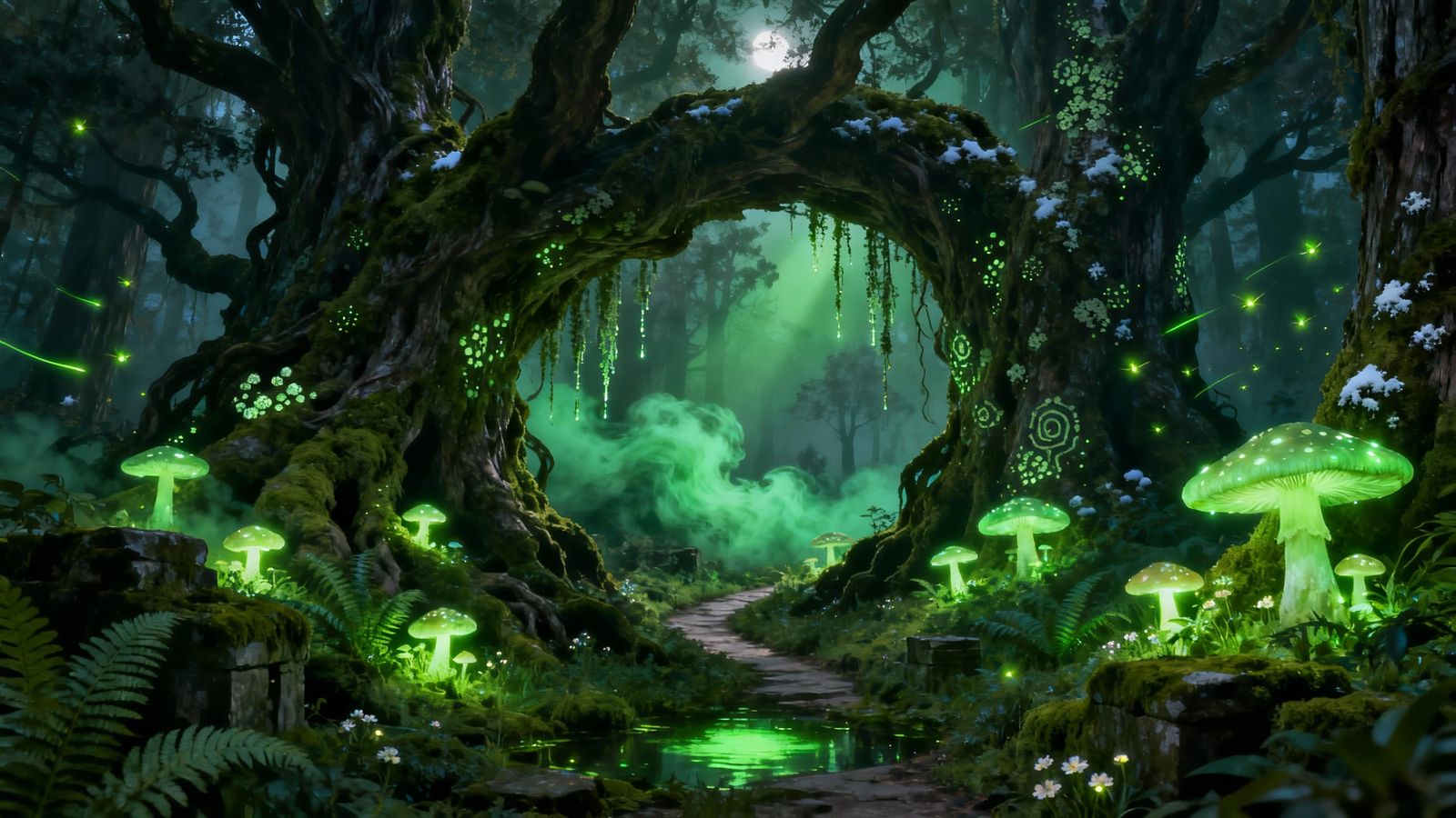 Mystical Forest at Midnight Illuminated by Bioluminescent Fu...