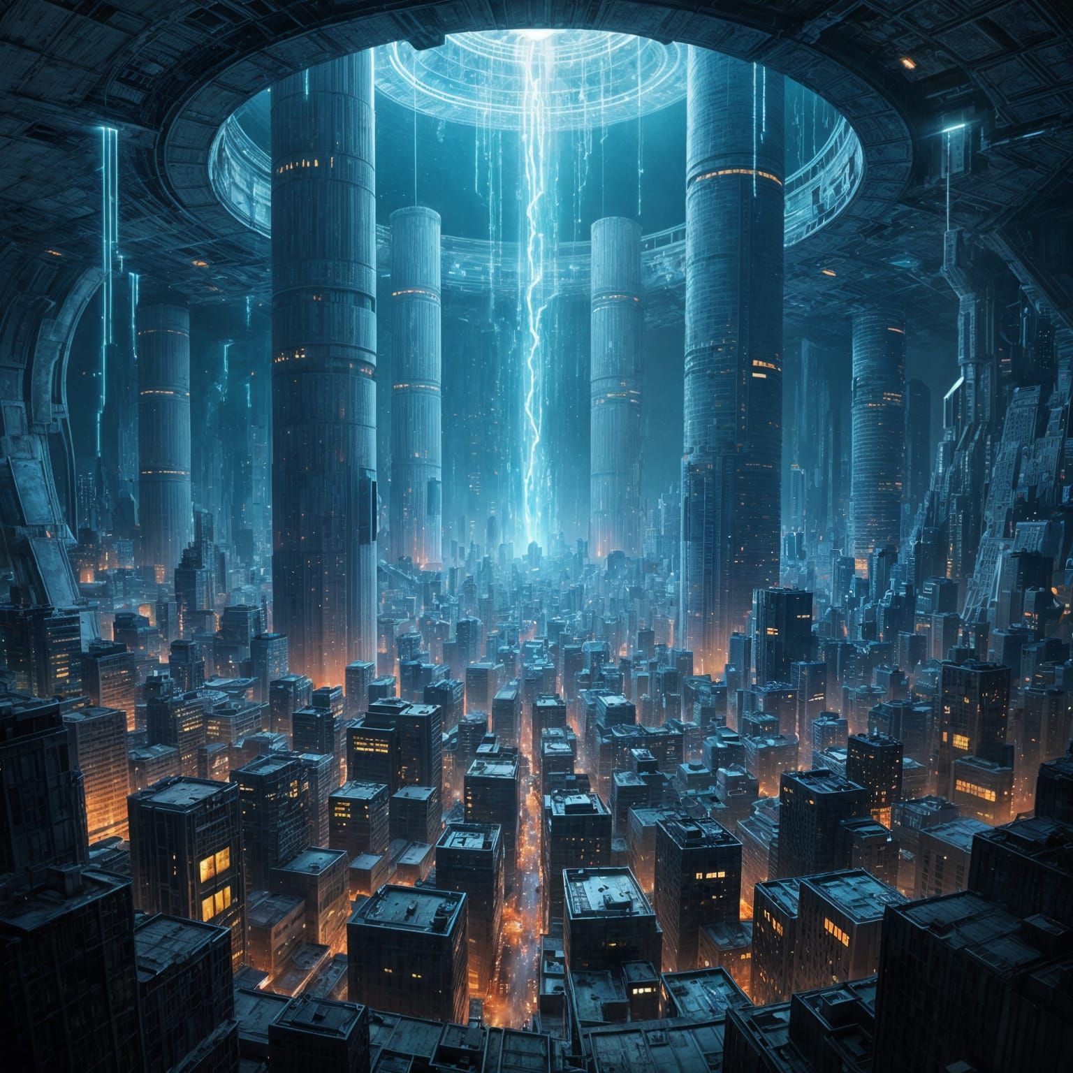 Dystopian Cityscape Under Electric Blue Light