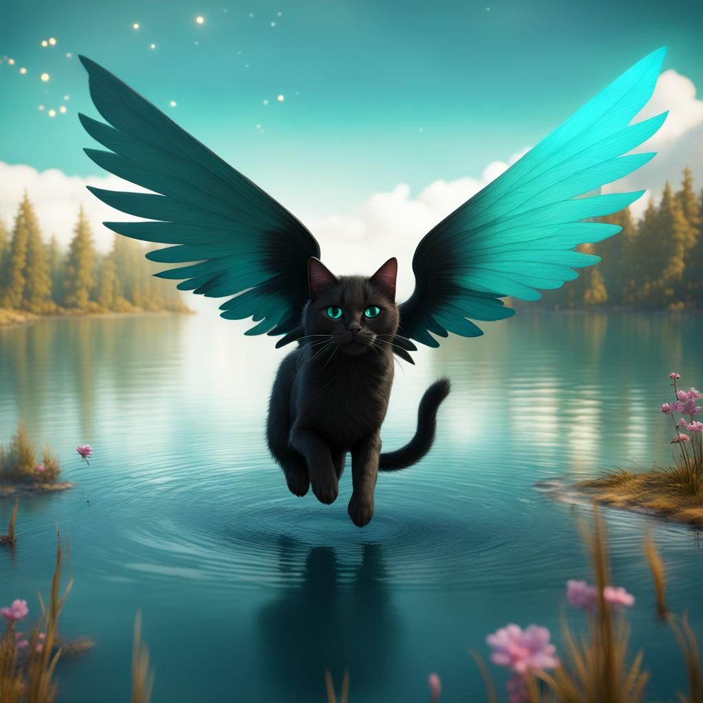 Winged Black Cat Soaring Over Teal Lake