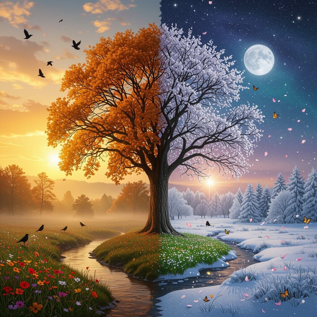Four Seasons Tree in Painterly Style