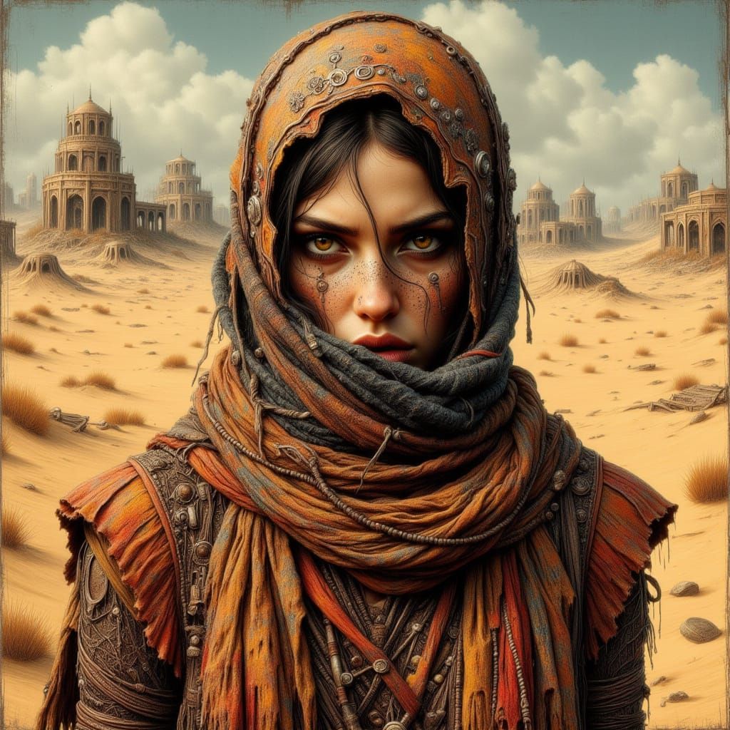 Veiled Woman in Desert, Klimt-Inspired Portrait