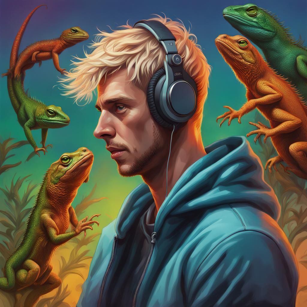 Man Vibing with Lizards in Hyperrealistic Splash Art
