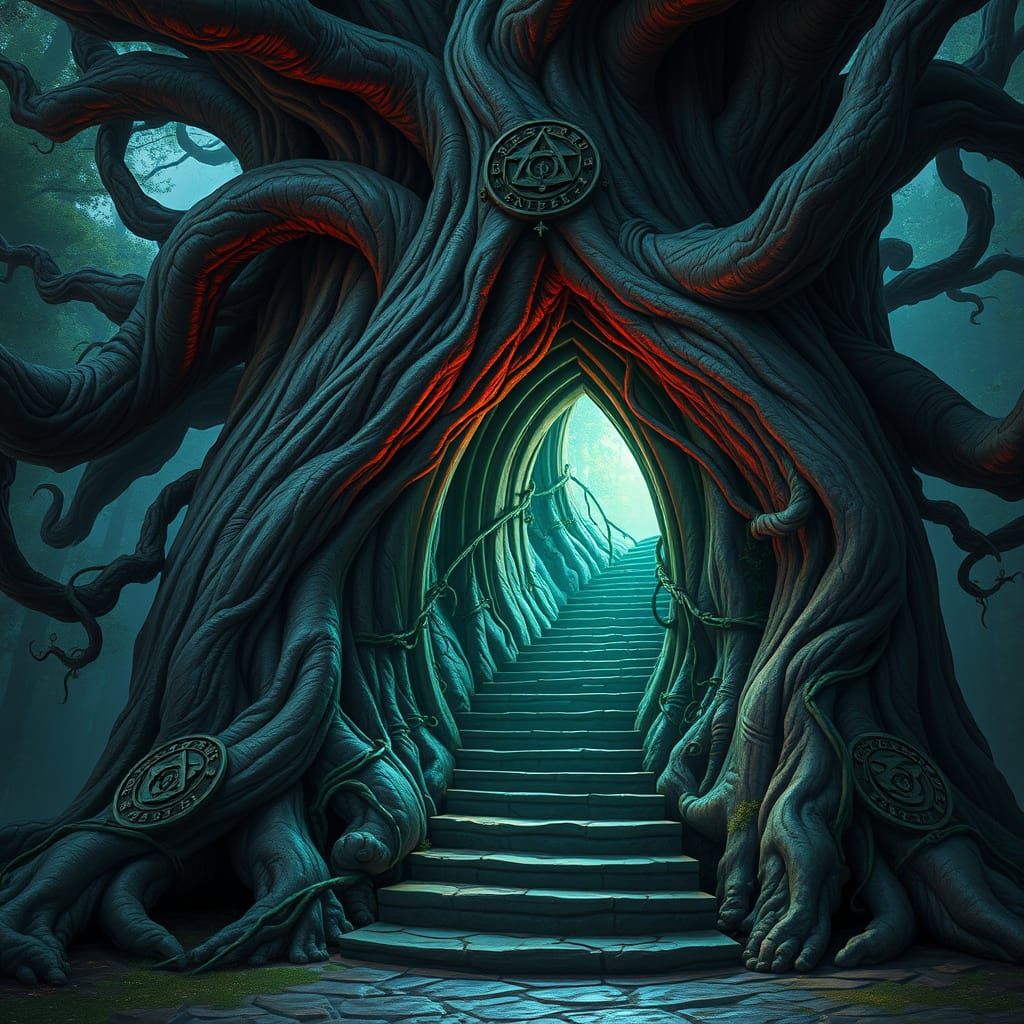 Surreal Magical Tree Descends into Mystical Darkness