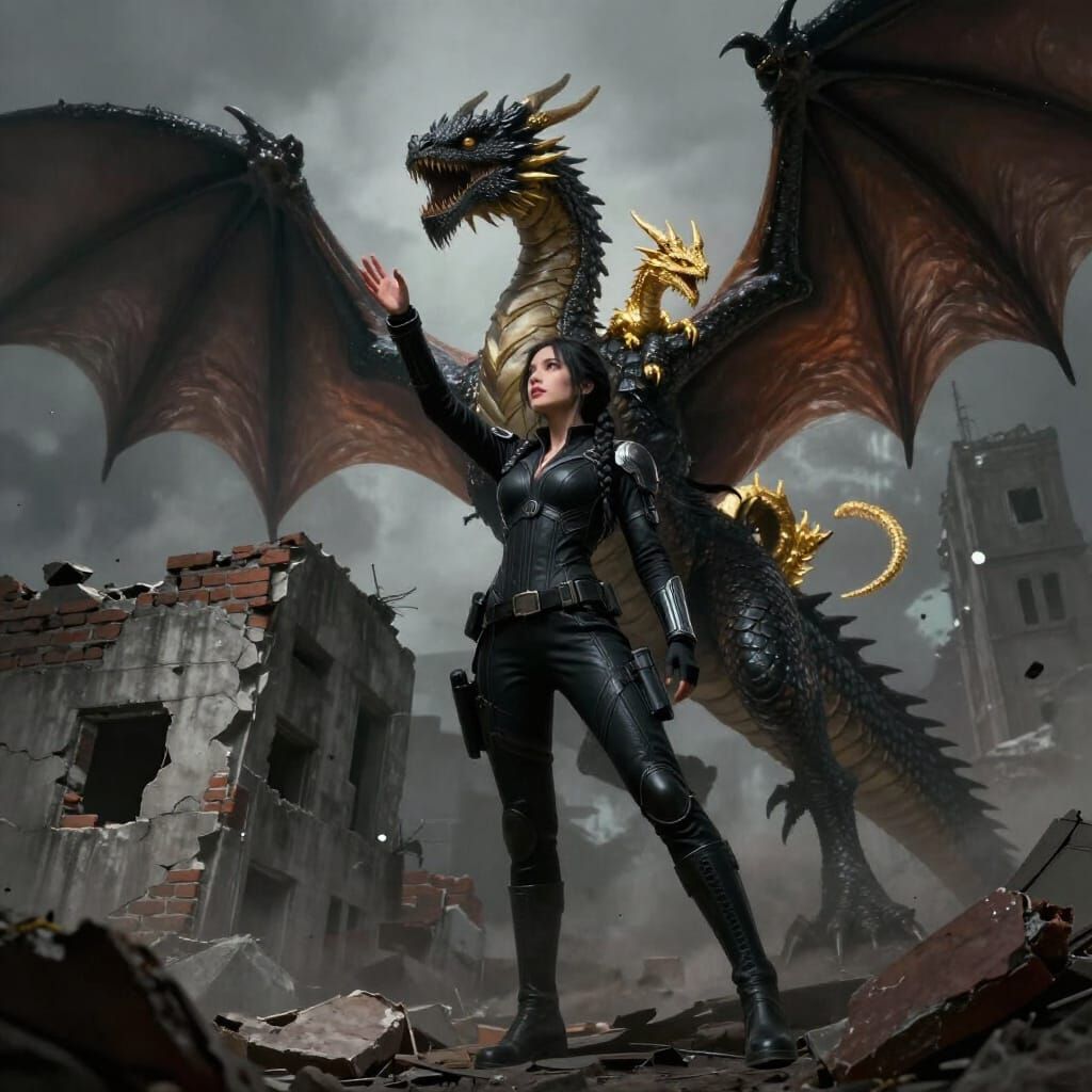 Warrior Woman Confronts Dragons in Dark Fantasy Art