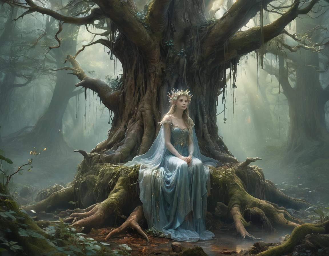 Faerie Queen on Forest Throne as Watercolor Landscape
