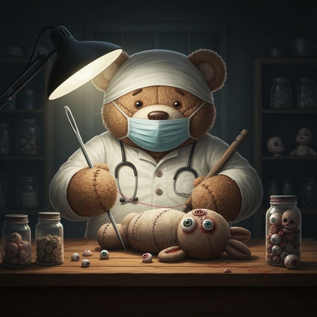 Plush Bear Surgeon Operating in Dark Toy Workshop