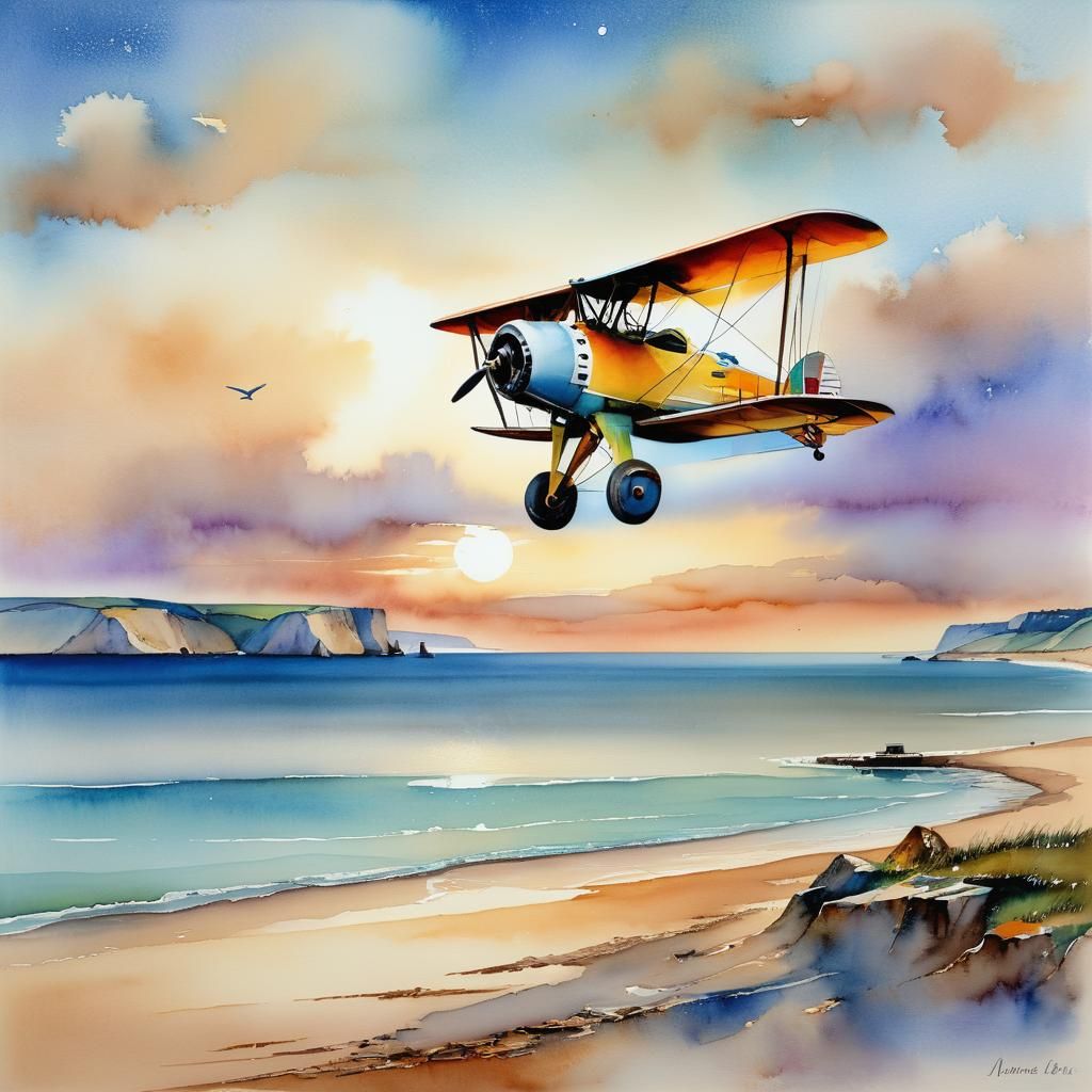 Bi plane above the Normandie coast