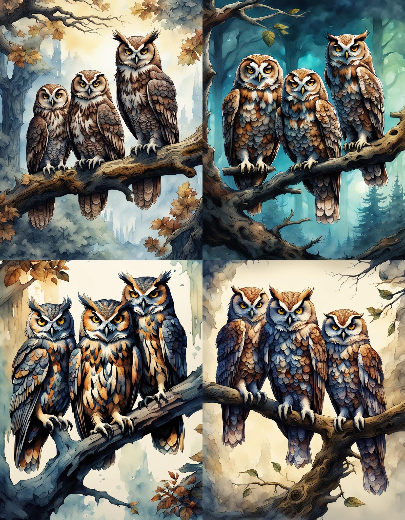 Owls on Branch: Dark Fantasy Art