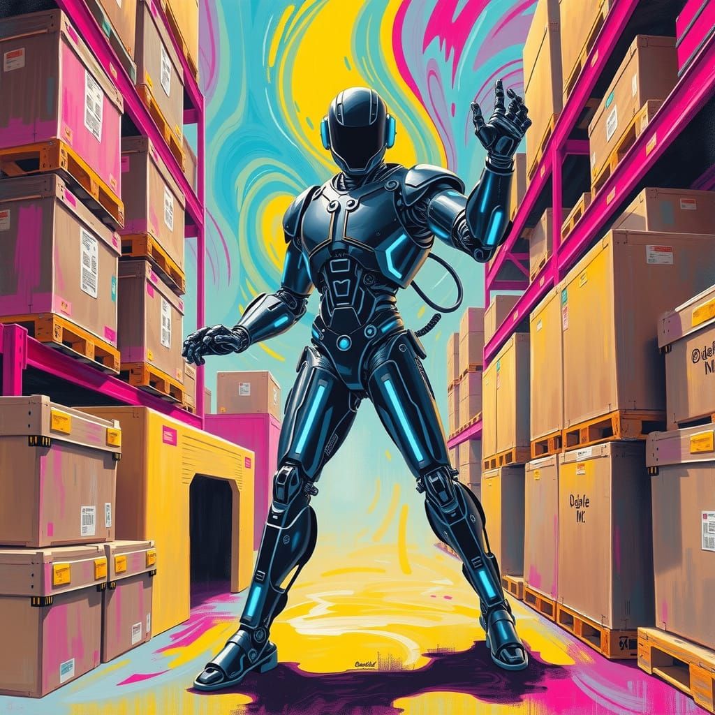 Sleek Robot Agent Dances Amidst Warehouse in Cyberpunk Style