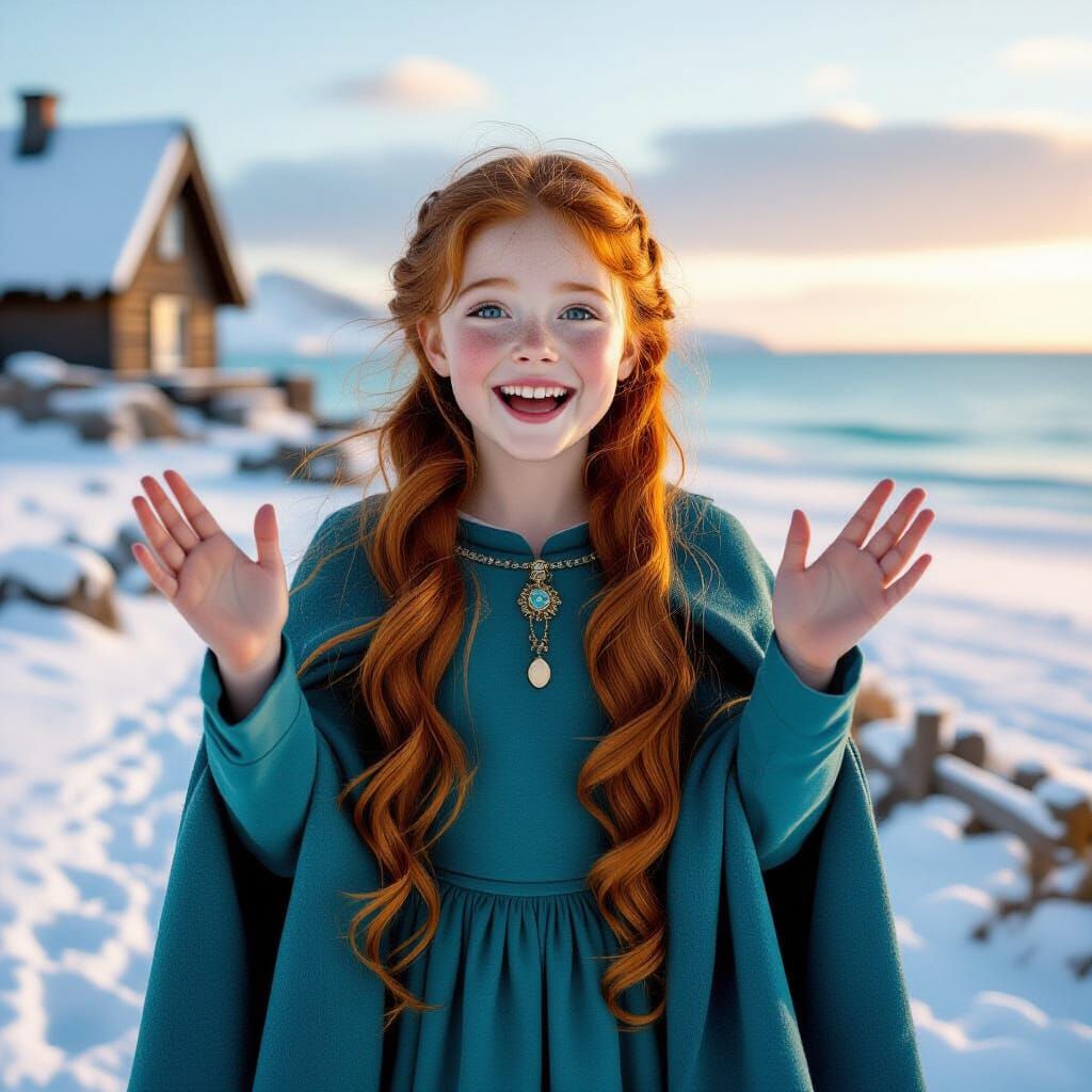 Joyful Norse Girl on Snowy Beach at Sunrise