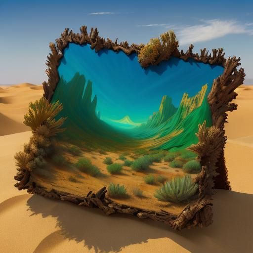 Emerald Desert Driftwood Landscape in Abstract Fumage Style
