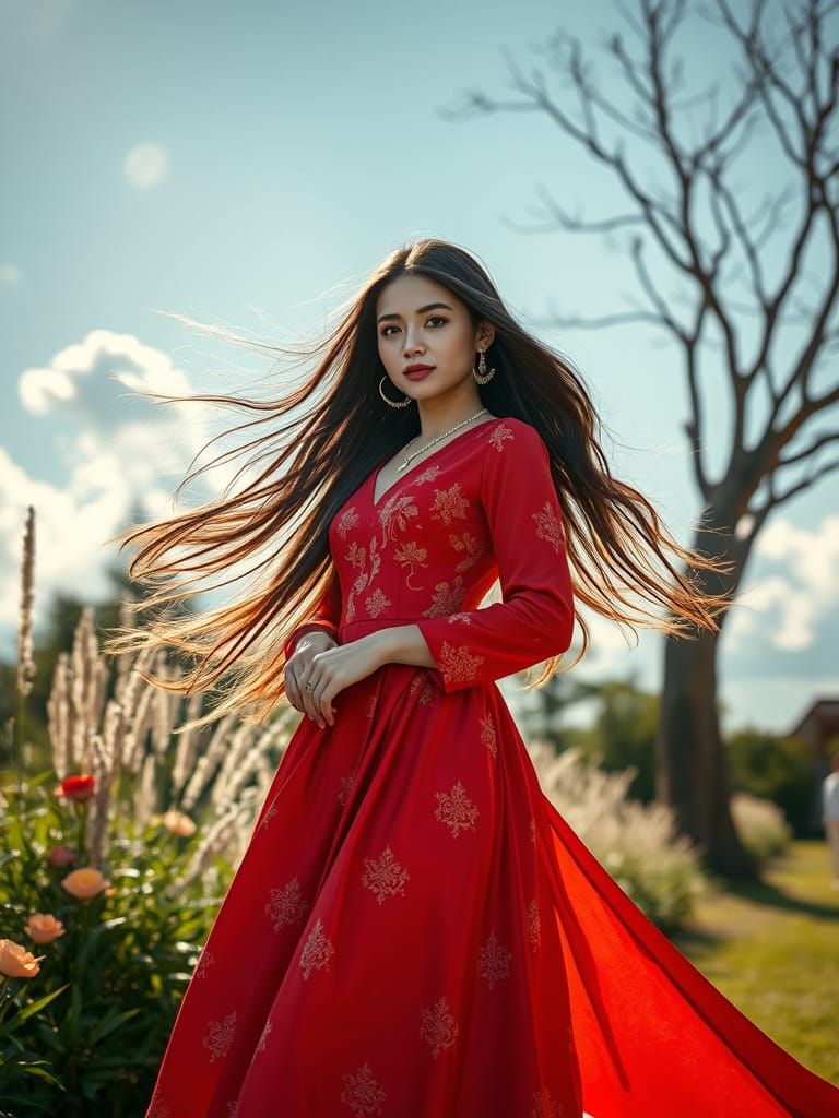 Radiant Woman in Thai Silk Dress at Garden Party