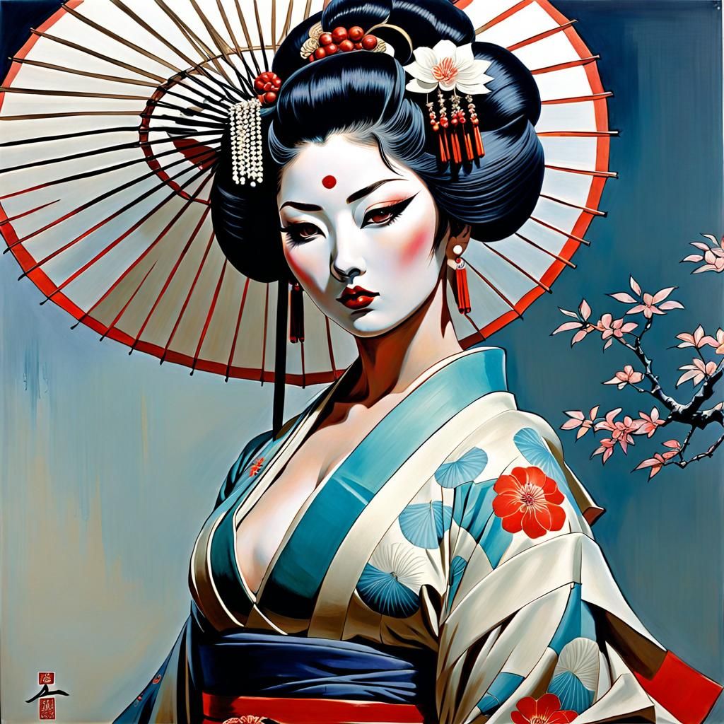 Voluptuous Geisha Girl in Acrylic Painting