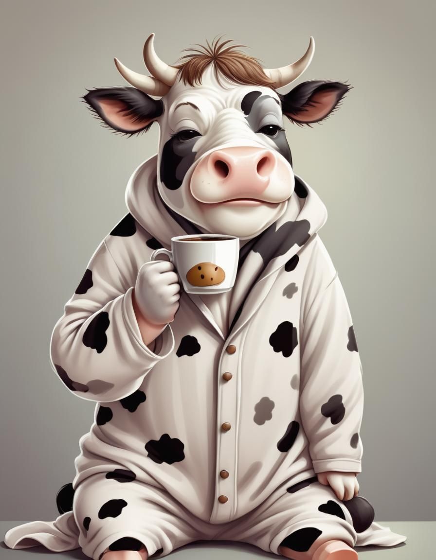 Tired Cartoon Cow in Pajamas with Coffee