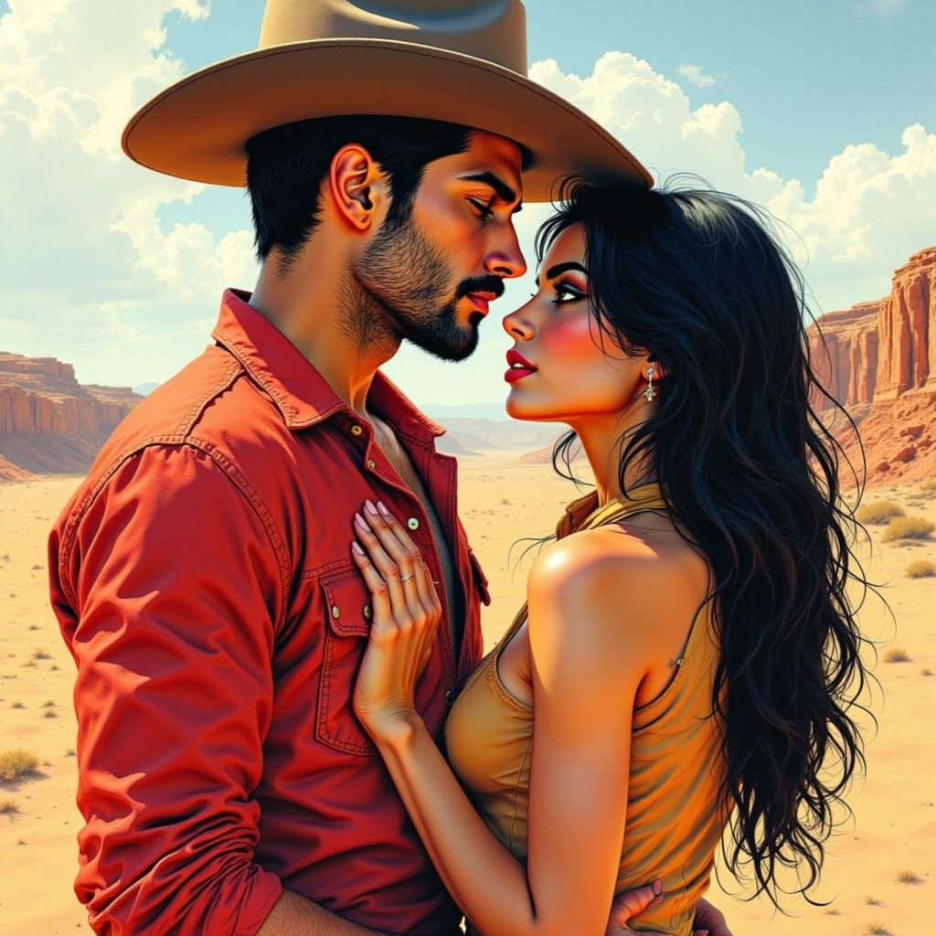 Comic Book Cowboy and Woman in Desert