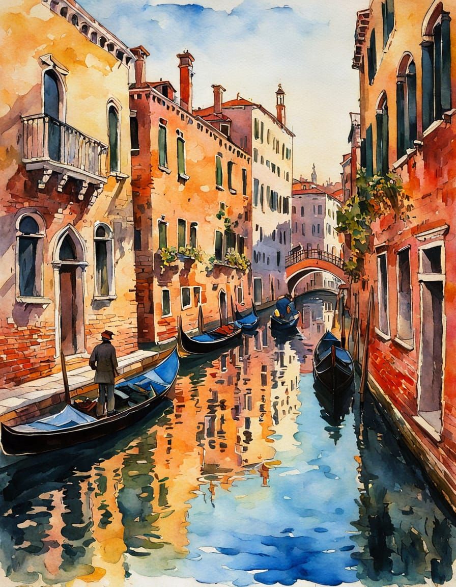 Venice Canal at Dusk Impressionistic Ink Wash Painting
