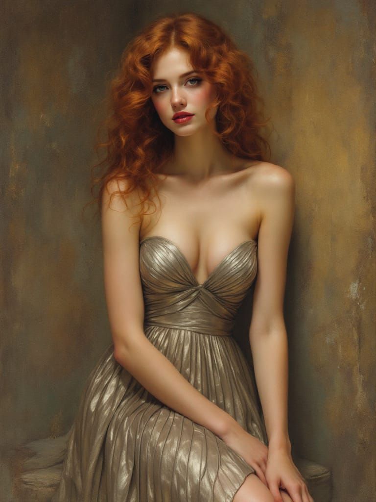 Elegant Woman in Silver Dress, Classical Art Style